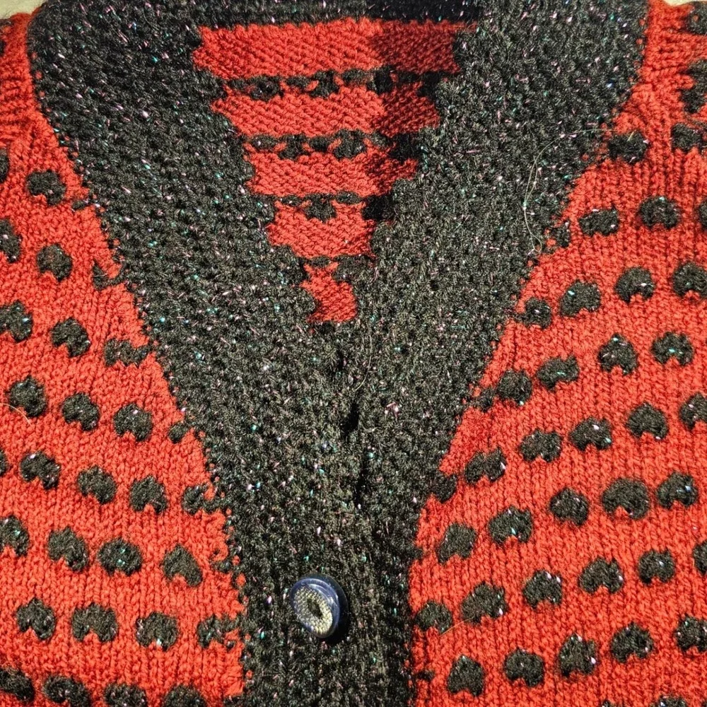 Vintage‎ Red Black Metallic Knit Cardigan Sweater Polka Dot Button Front Shimmer